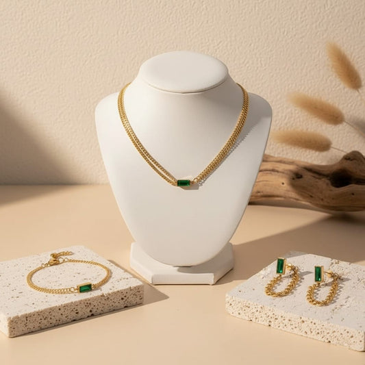 Trendy Emerald Zircon Three Piece Set, Necklace, Bracelet, Earrings